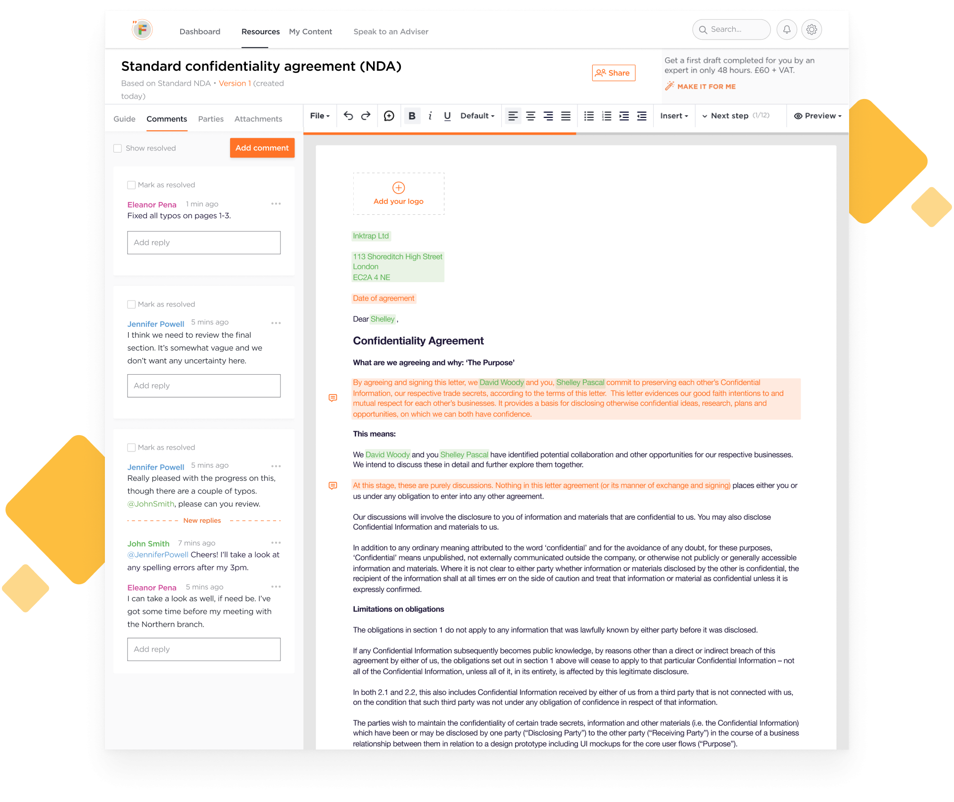 Confidentiality agreement page only