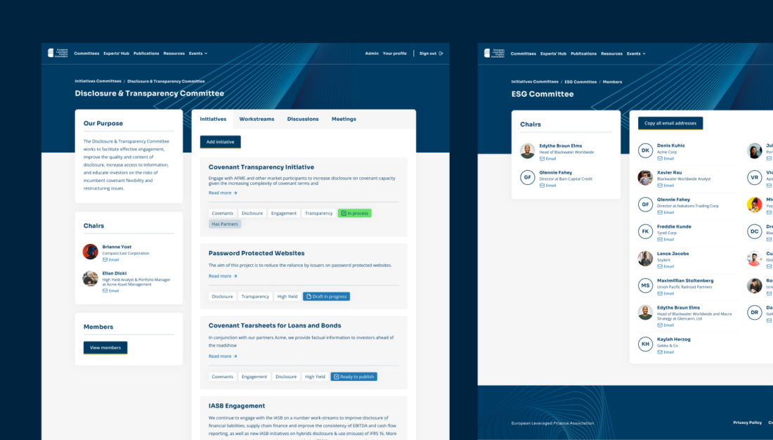 Screenshots of the ELFA platform, a fintech digital product design and development for a membership platform