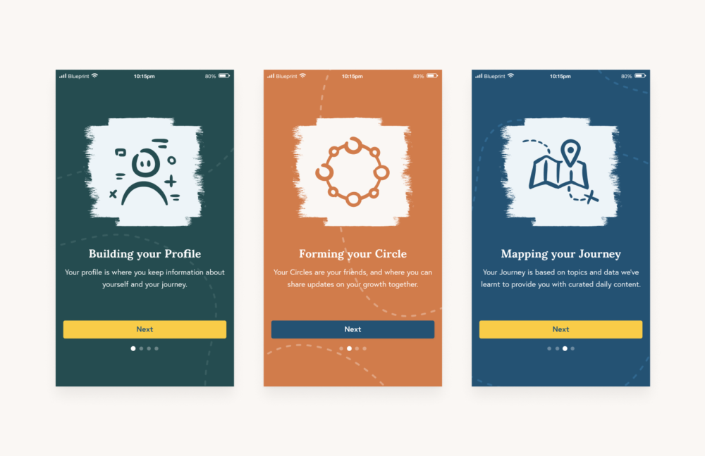 1 BF Onboarding screens showing how we applied the visual identity within the digital product design