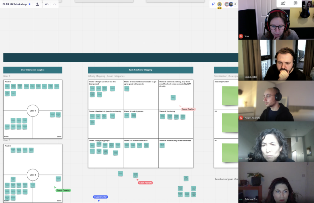 Fintech digital product design discovery process screenshots of the team conducting user interviews, affinity mapping and how might we exercises in the Miro software