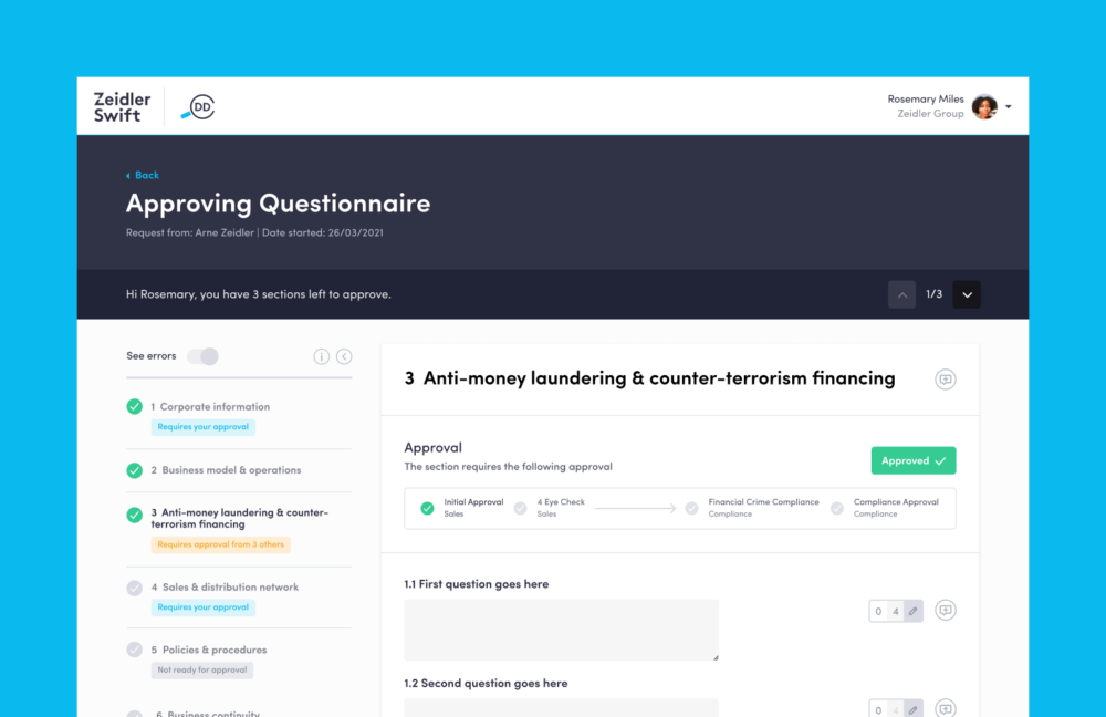The UI mockup for a questionnaire approval process - a legal tech product design