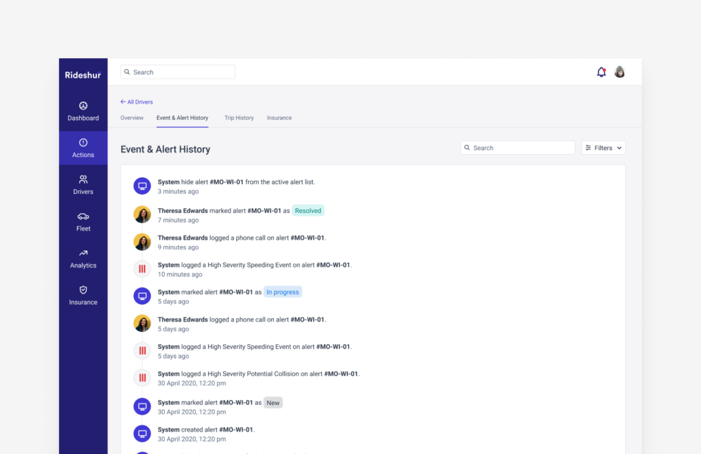 Design of event & alert history list