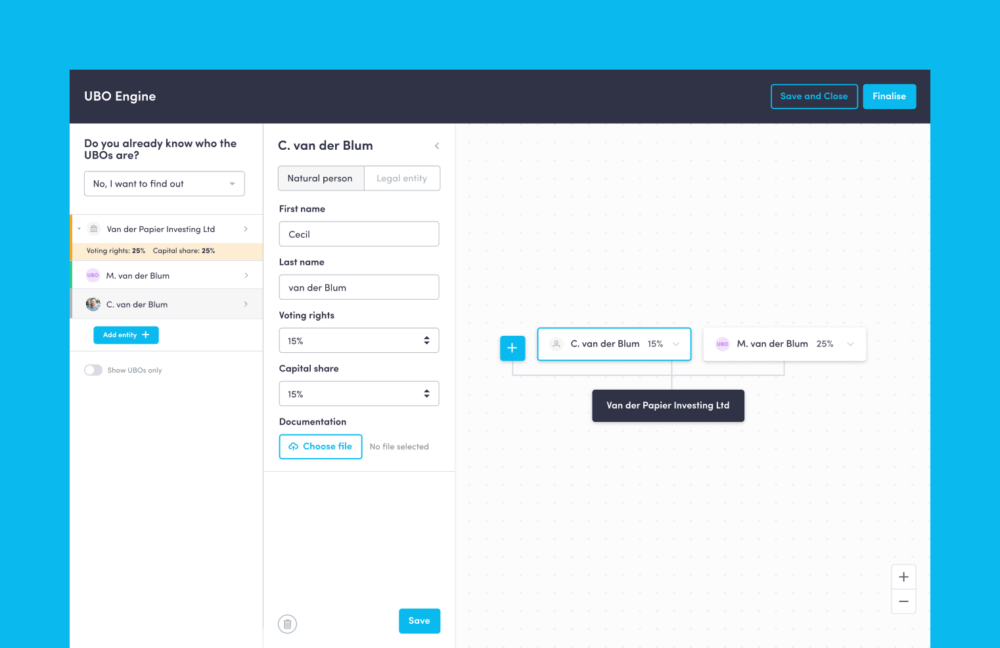 The UI design of Zeidler Swift's UBO Engine tool - a legal tech product design