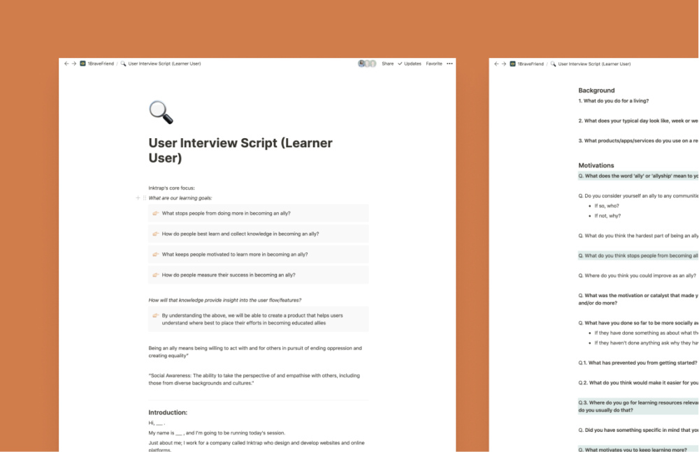 1 BF user interview script screenshot which informed their digital product design