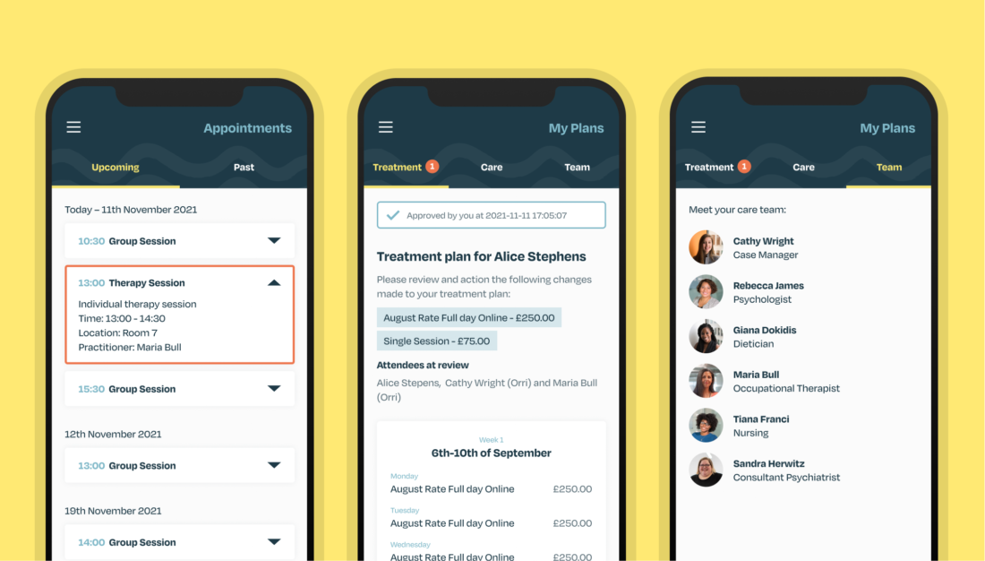 Digital Product Design for Healthtech Digital Product Orri appointments treatment plan and care team screens