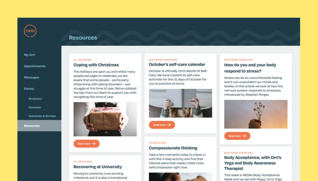 Digital Product Design for Healthtech Digital Product Orri eating disorder resources screen